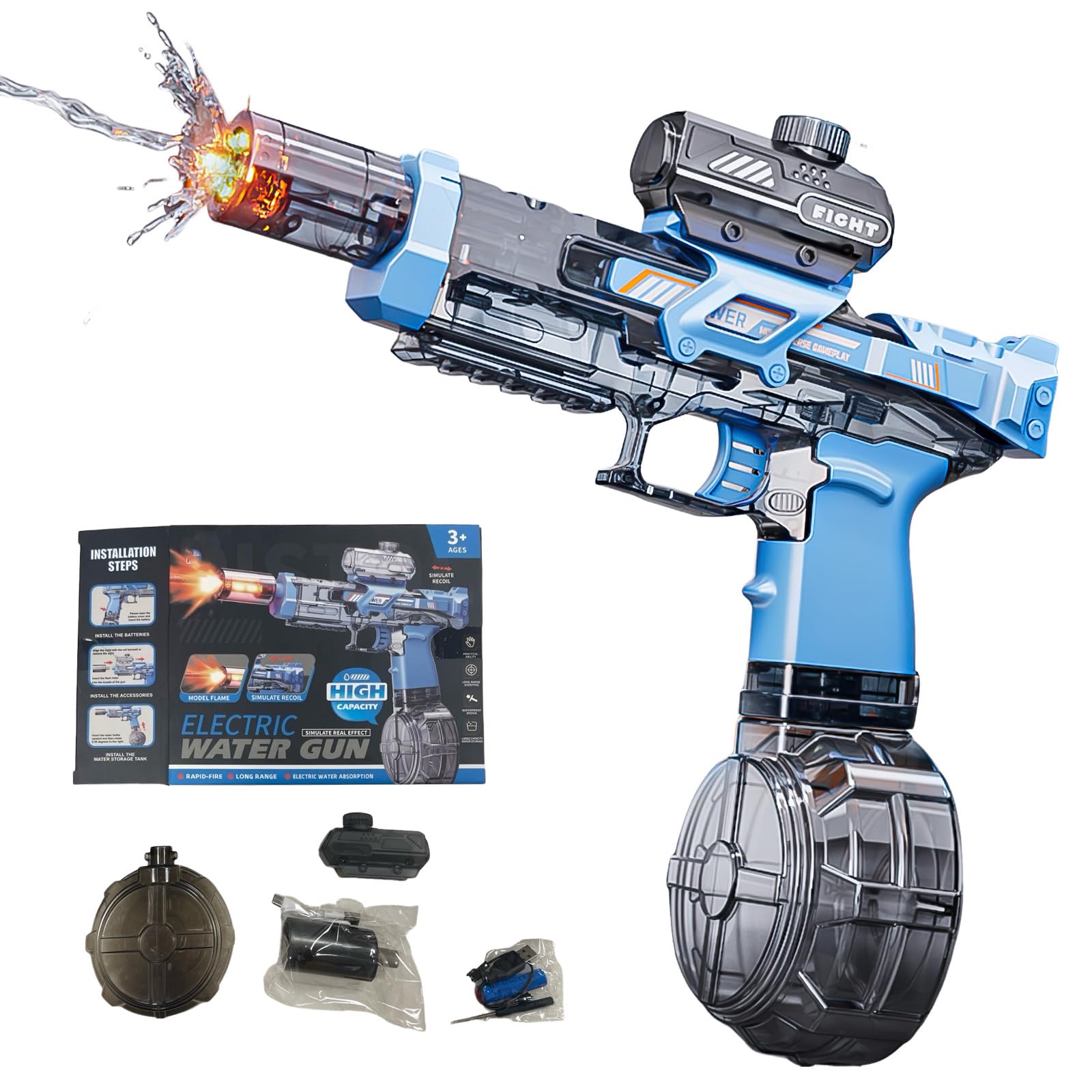Electric Water Gun for Adults Kids,Automatic Water Gun With LED Lights,Long Range Motorized Water Guns,Large-Capacity Water Absorption, Ultra-Long Standby,Water Pistol Toys for Pool Beach (Black)