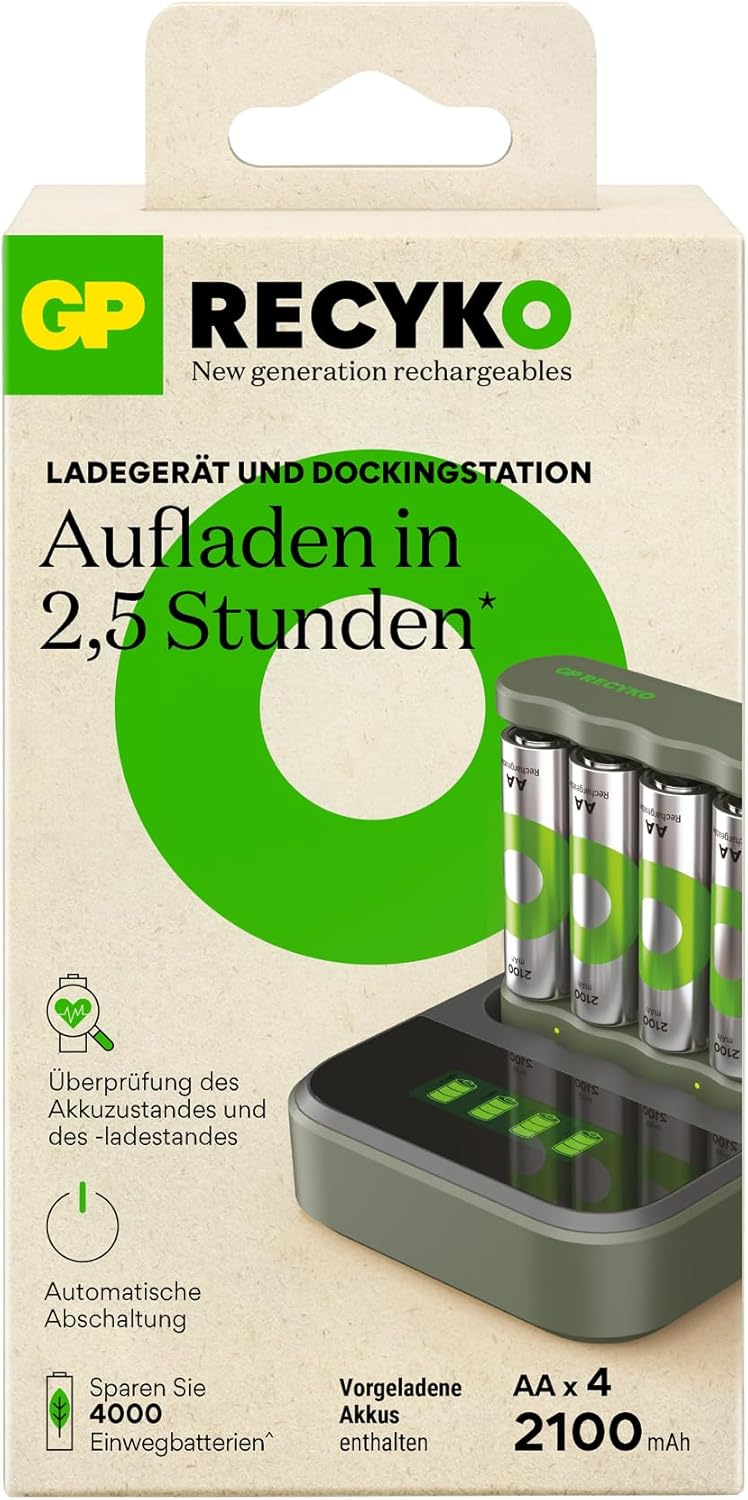Image showing the GP B441 USB charger, four AA rechargeable batteries, a docking station, and a USB charging cable, representing the package contents.