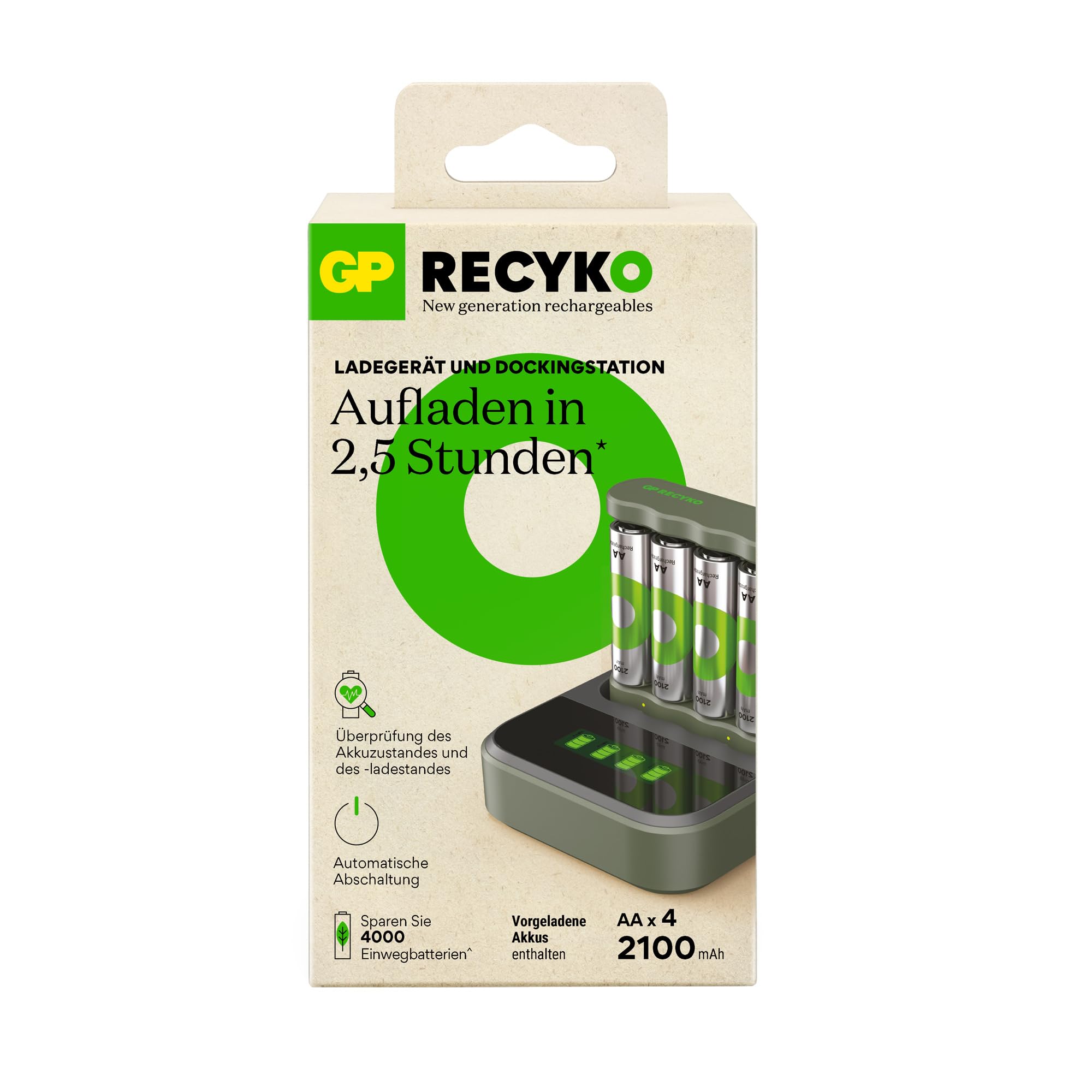 GP ReCyko USB Batterie Ladegerät B441 inkl. 4X ReCyko Akku AA 2100 mAh & USB Dockingstation, Akku Ladegerät AA AAA mit LED-Anzeigen