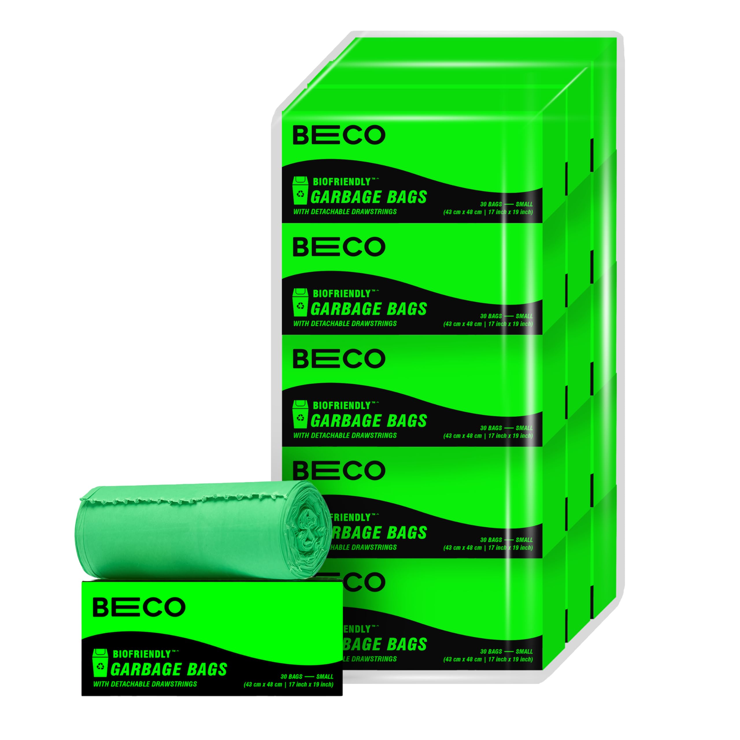 Beco Eco-Friendly Garbage Bags | 450 Pcs | Small- 17 x 19 Inches | 30 Bags x 15 Rolls | Green | Dustbin/Trash Bags with Detachable Drawstrings | For Dry & Wet waste