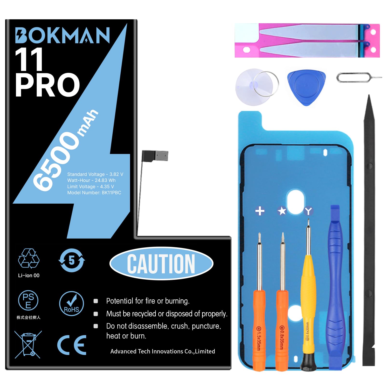 Bokman Batería para iPhone 11 Pro, Batería de Alta Capacidad 6500mAh con Herramientas de Reparación