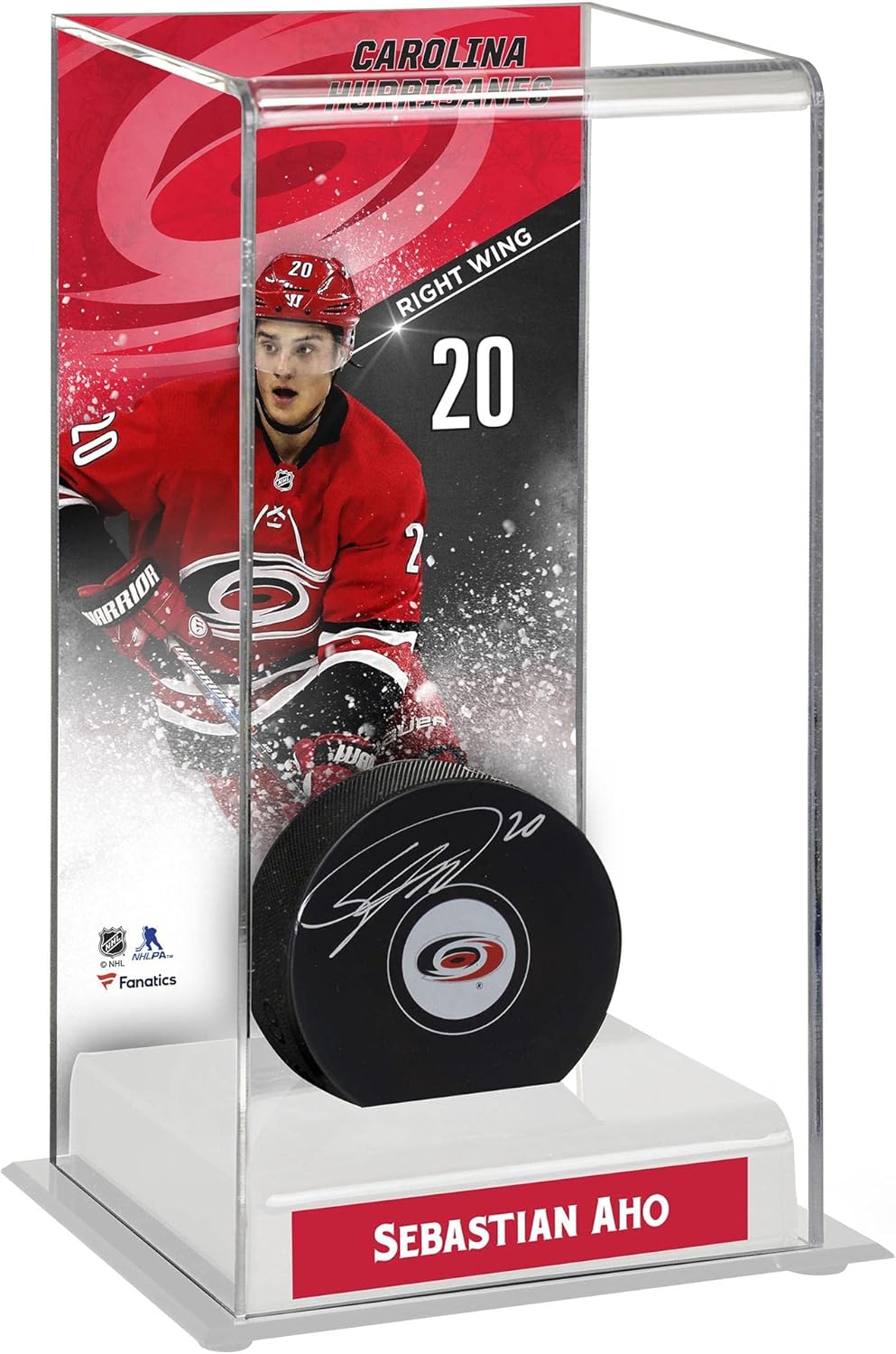 Sebastian Aho Carolina Hurricanes Deluxe Tall Hockey Puck Case - Hockey Puck Free Standing Display Cases ''Case Only''