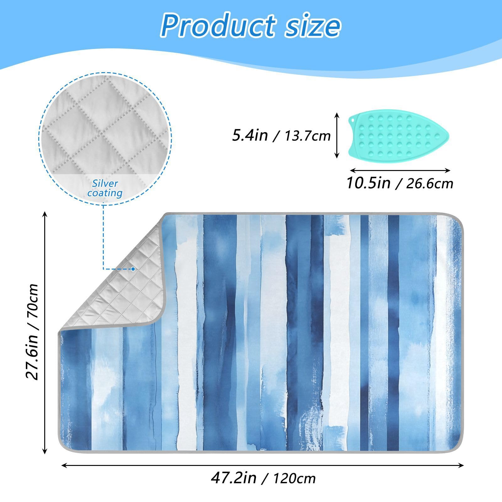 pnyoin Portable Ironing Mat Retro Blue Vertical Stripes Travel Ironing Pad with Silicone Iron Rest for Steam Pressing on Tabletop or Bed Heat Resistant Portable Quilting & Travel Blanket