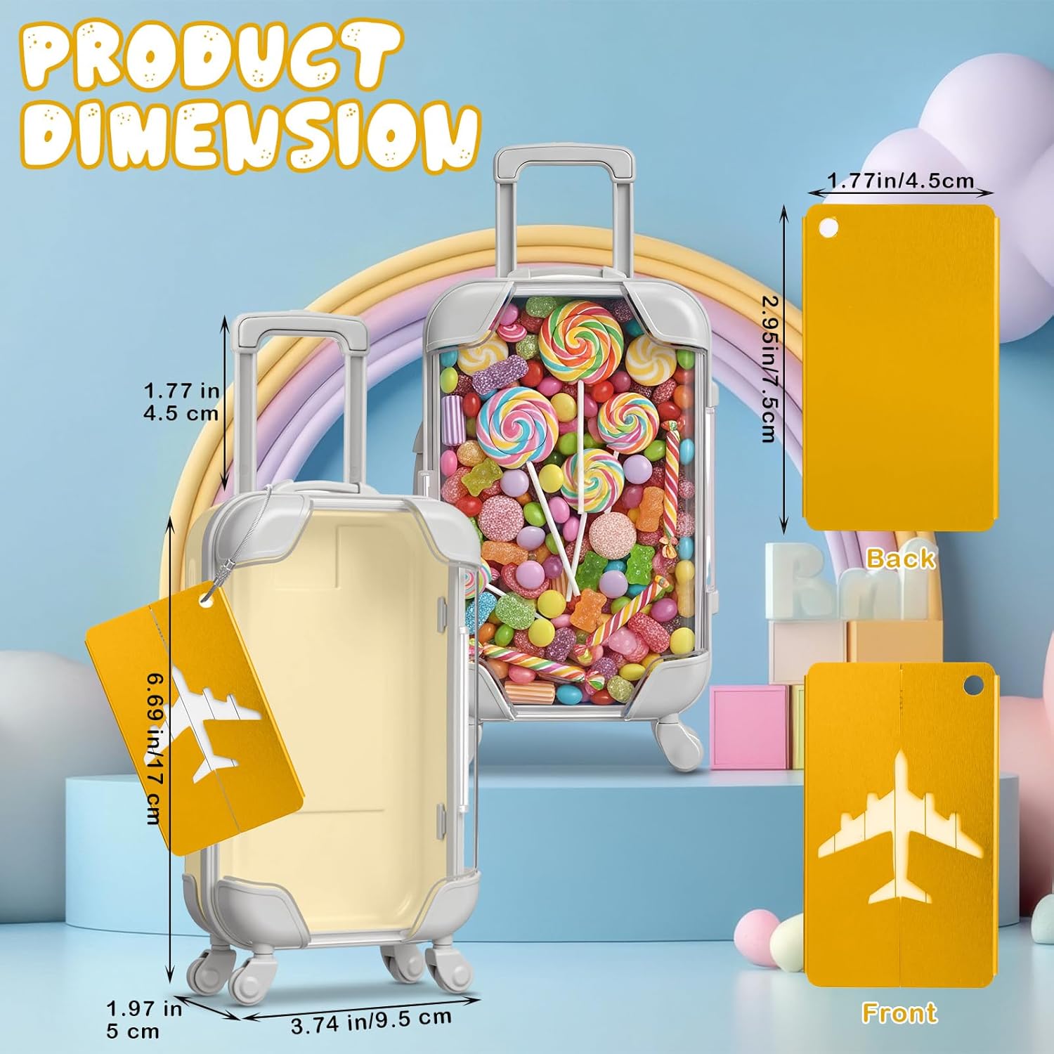 Teecyhooo 12 Pcs Mini Suitcase Party Favor Boxes and 12 Pcs Metal Luggage Tags with Card, Clear Mini Luggage Gift Boxes for Girls Wedding Travel Birthdays (6.69 x 3.74 x 1.97 Inch,Colorful)