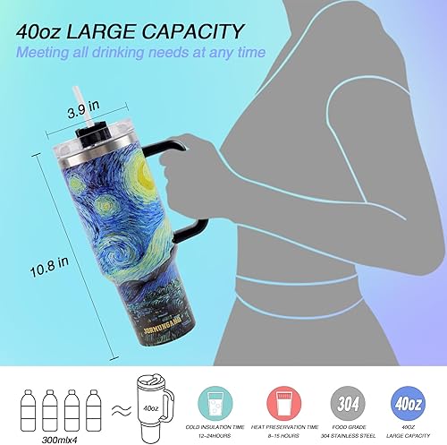 Miniatura 5 de Jormungand Vaso de 40 onzas con asa y pajita, botella de agua de acero inoxidable con aislamiento al vacío para bebidas calientes o frías, taza de