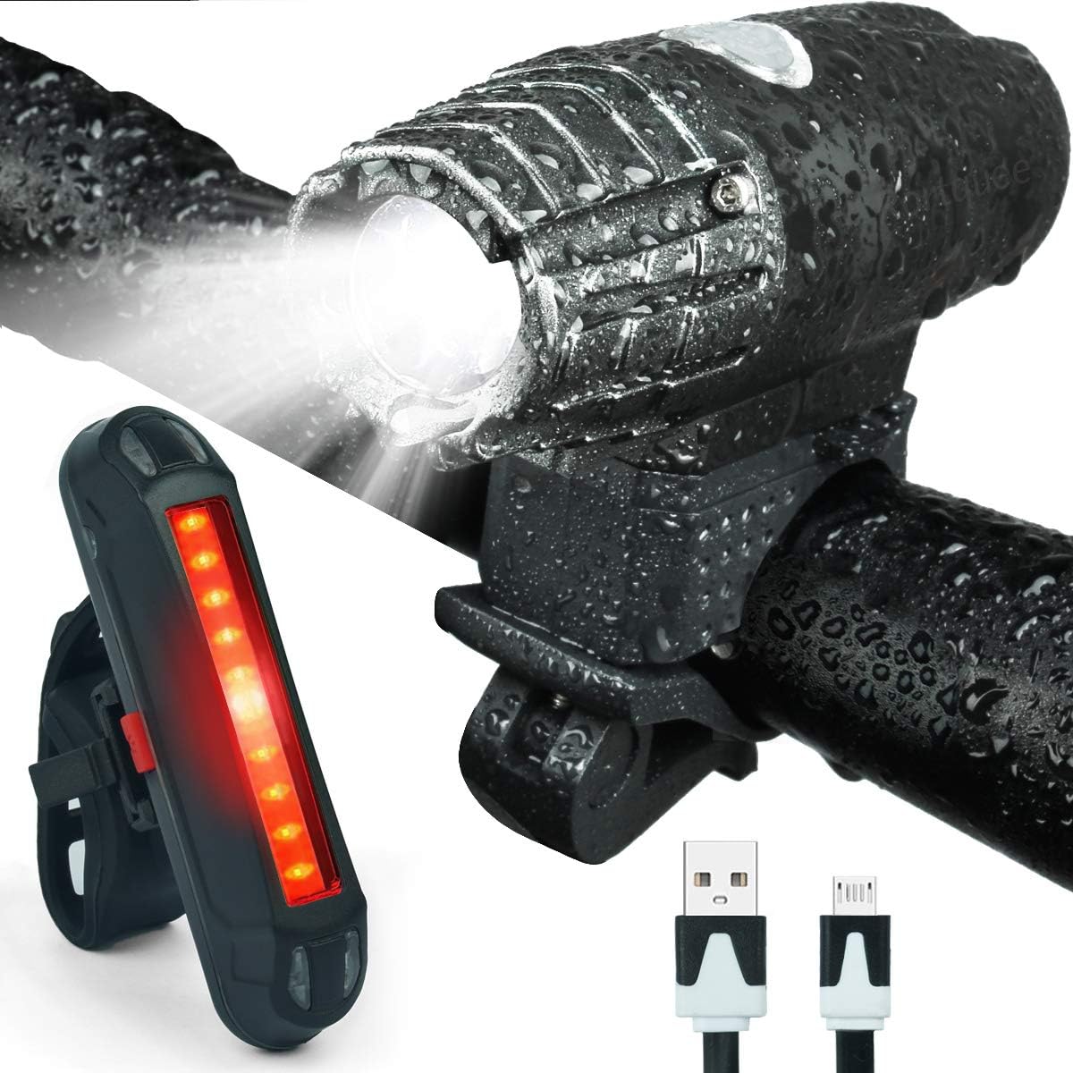 Rortquee USB Rechargeable Bike Light Set,1500mA Powerful Waterproof Mountain Bicycle Headlight and Taillight Set Super Bright Front Light and Rear Light for Cycling Safety