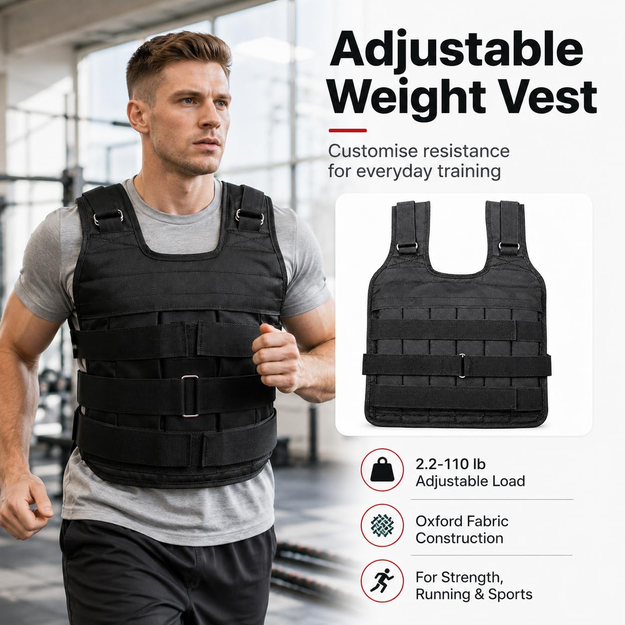 Gilet Pesante Regolabile 1-50kg in Oxford per Allenamento 44x55cm | Gilet da allenamento fitness con cinghie larghe e fasce frontali, per uomini e donne