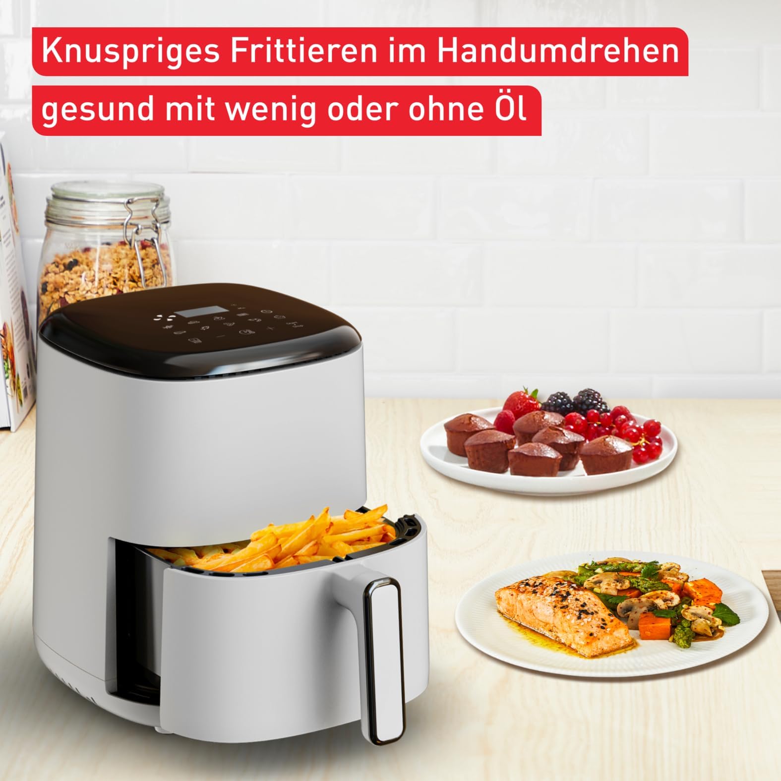 Tefal Easy Fry Compact Heißluftfritteuse/Airfryer 3 L, Hellgrau – kompakt für 1–4 Personen, 10 Programme mit Touch-Display, antihaftbeschichtet, energiesparend, gesund & knusprig genießen, EY145A