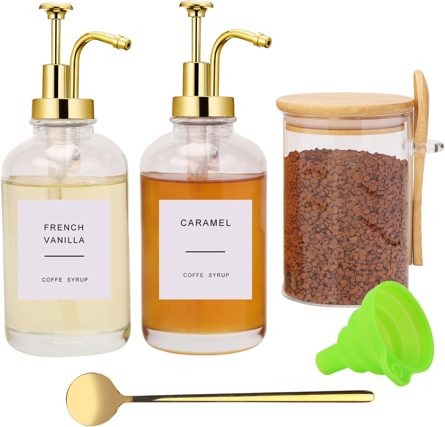 coffee bar accessories, coffee syrup dispenser-2 pcs16.9 oz, syrup pump dispenser for coffee bar, with glass bamboo lid jar with spoon, gold pump syrup dispenser with labels