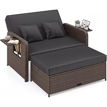 LIFEZEAL Outdoor Lounge Double Lounger with Reclining Function, Rattan Day Bed Sun Lounger with Adjustable Backrest, 2-Seater Garden Sofa with Side Table and Ottoman, up to 360 kg Mix Brown + Black