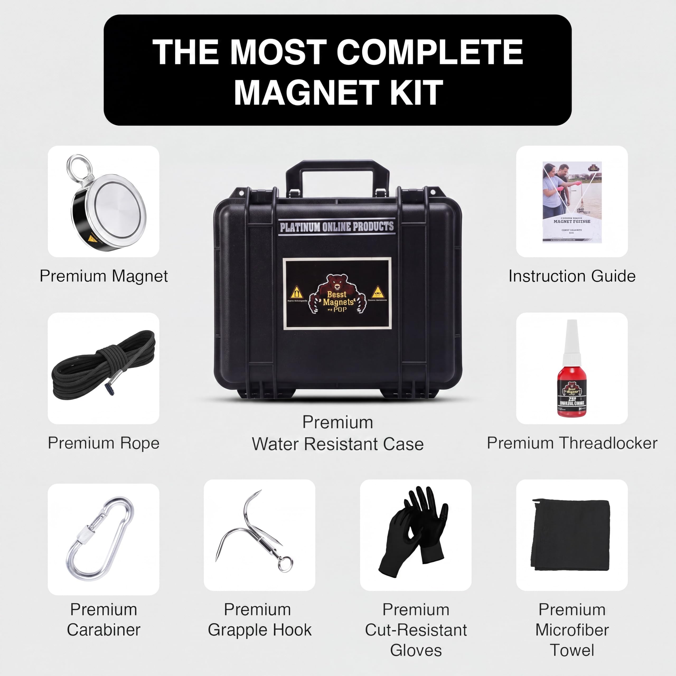Kit completo di pesca con magnete per avviamento da 299.4 kg, kit di magneti da pesca con custodia, include forte magnete al neodimio N52, guanti, gancio per presa e custodia per il trasporto