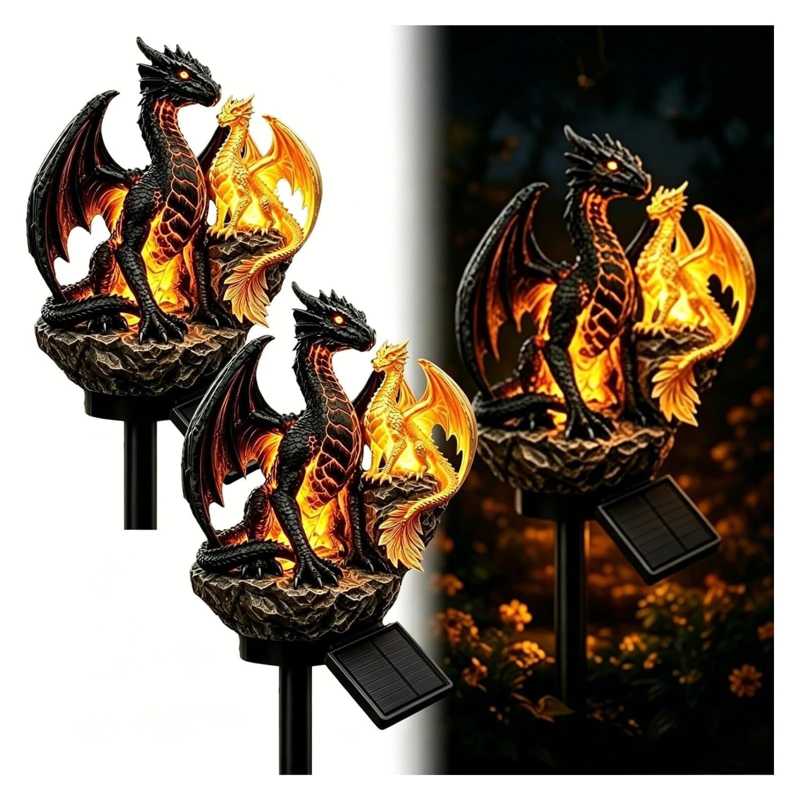 Golden Ember Dragon Solar Garden Light,Gothic Resin Statue Outdoor Lamp