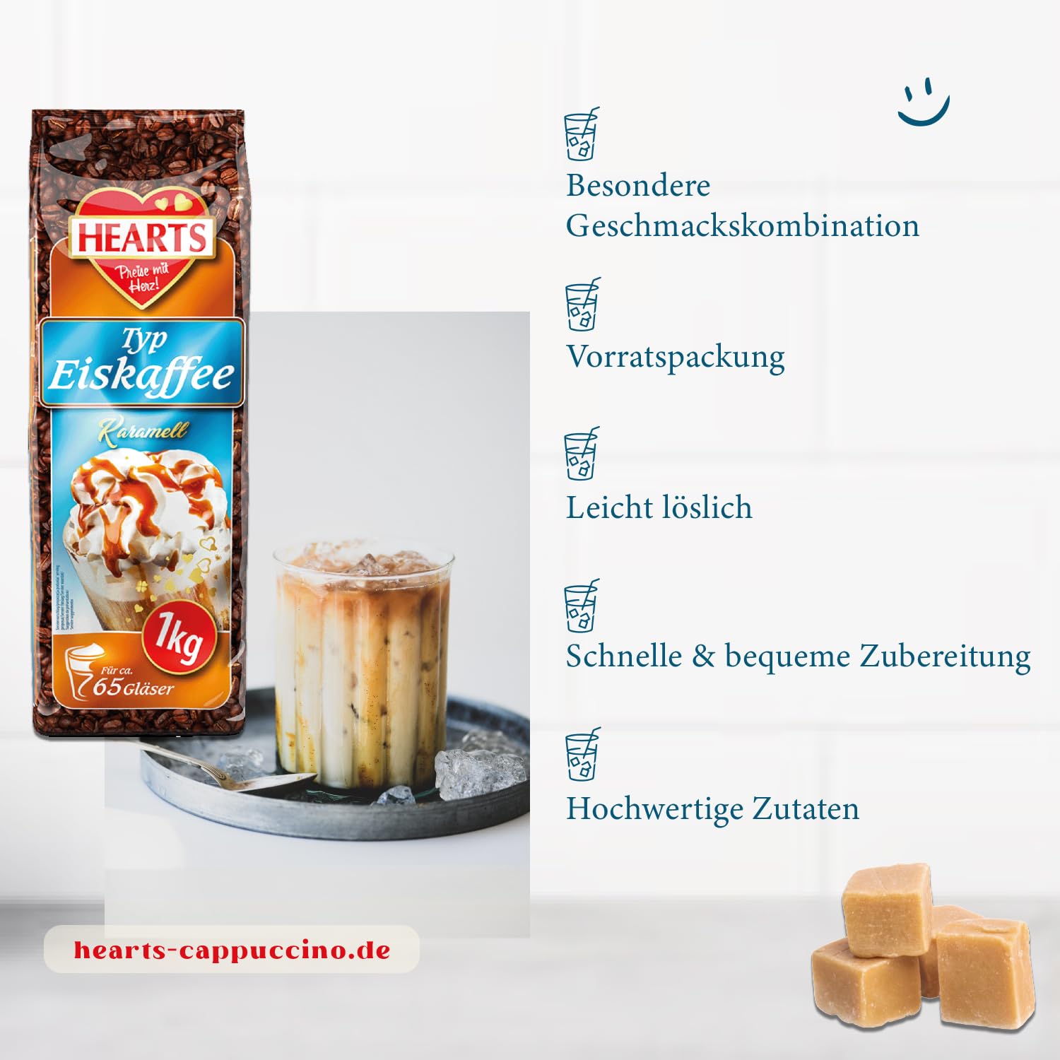 HEARTS kawa mrożona w proszku karmelowa 20 x 1 kg, korzystne opakowanie idealne na stacje benzynowe, piekarnie, hotele, przedsiębiorstwa itd. – Zmielona kawa na lato, Frappe Art, letni napój,