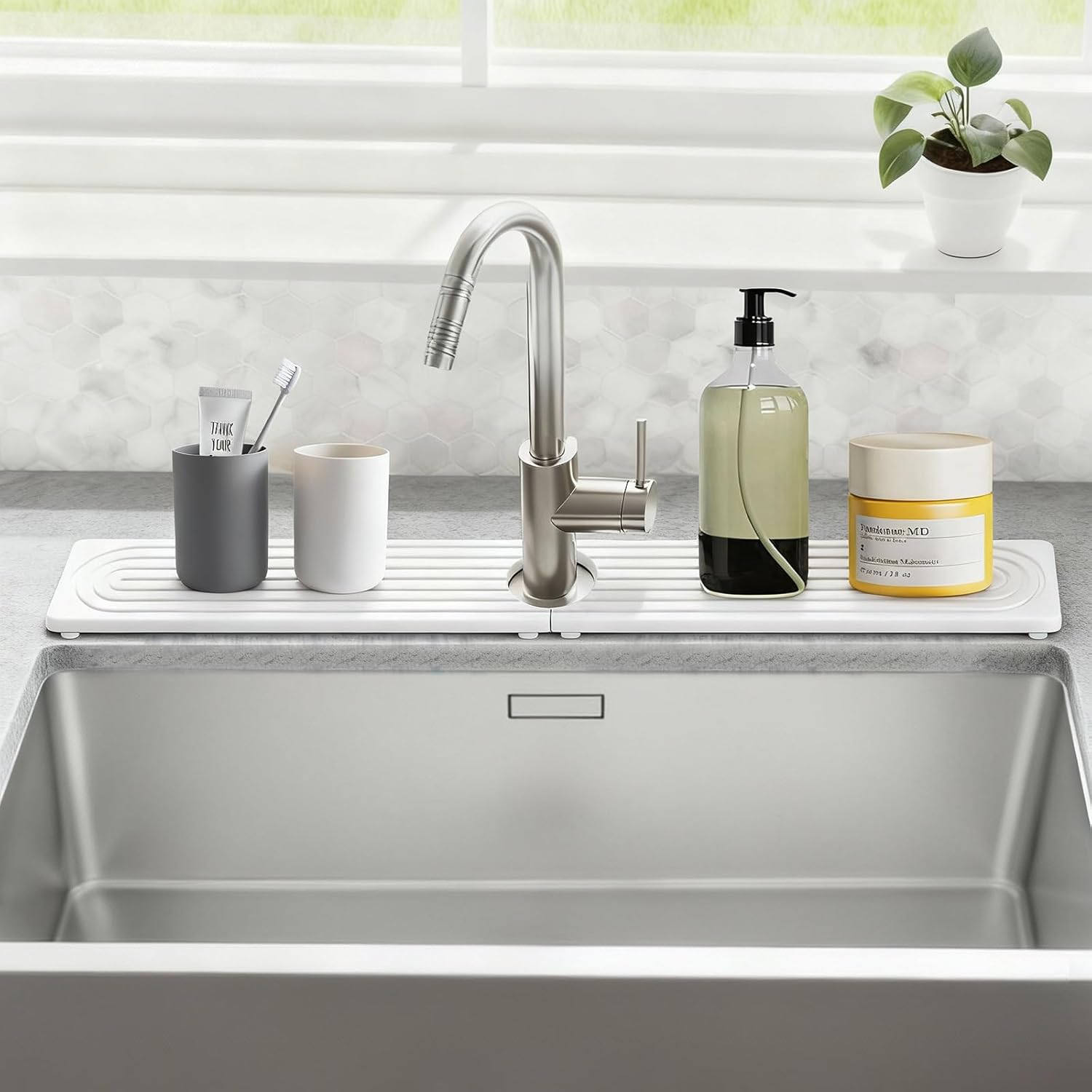 Stone Faucet Mat for Kitchen Sink, Silicone Faucet Handle Drip Catcher Tray Mat, Silicone Kitchen Sink Splash Guard for Bathroom Counter Kitchen Counter Accessories, White, 30" x 4"