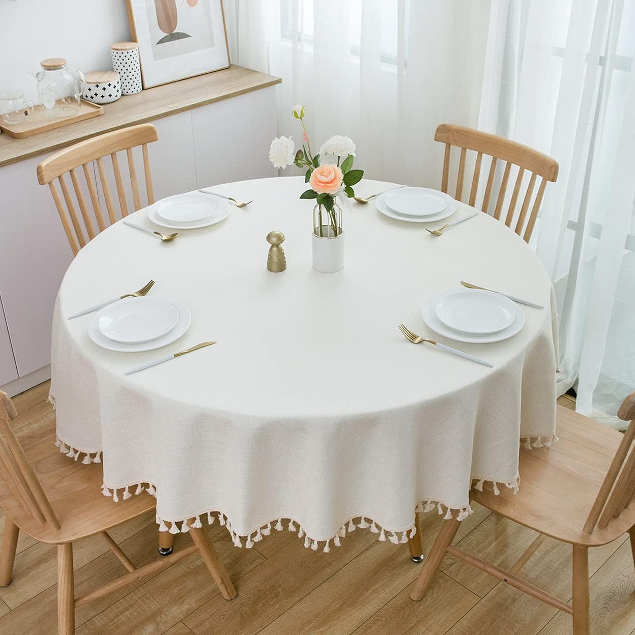 SPRICA Round Tablecloth, Cotton Linen Tassel Table Cover for Kitchen Dinner Table, Decorative Solid Color Table Desk Cover, Suit for Round 30-54" Table, Diameter 70inch/180cm, Beige