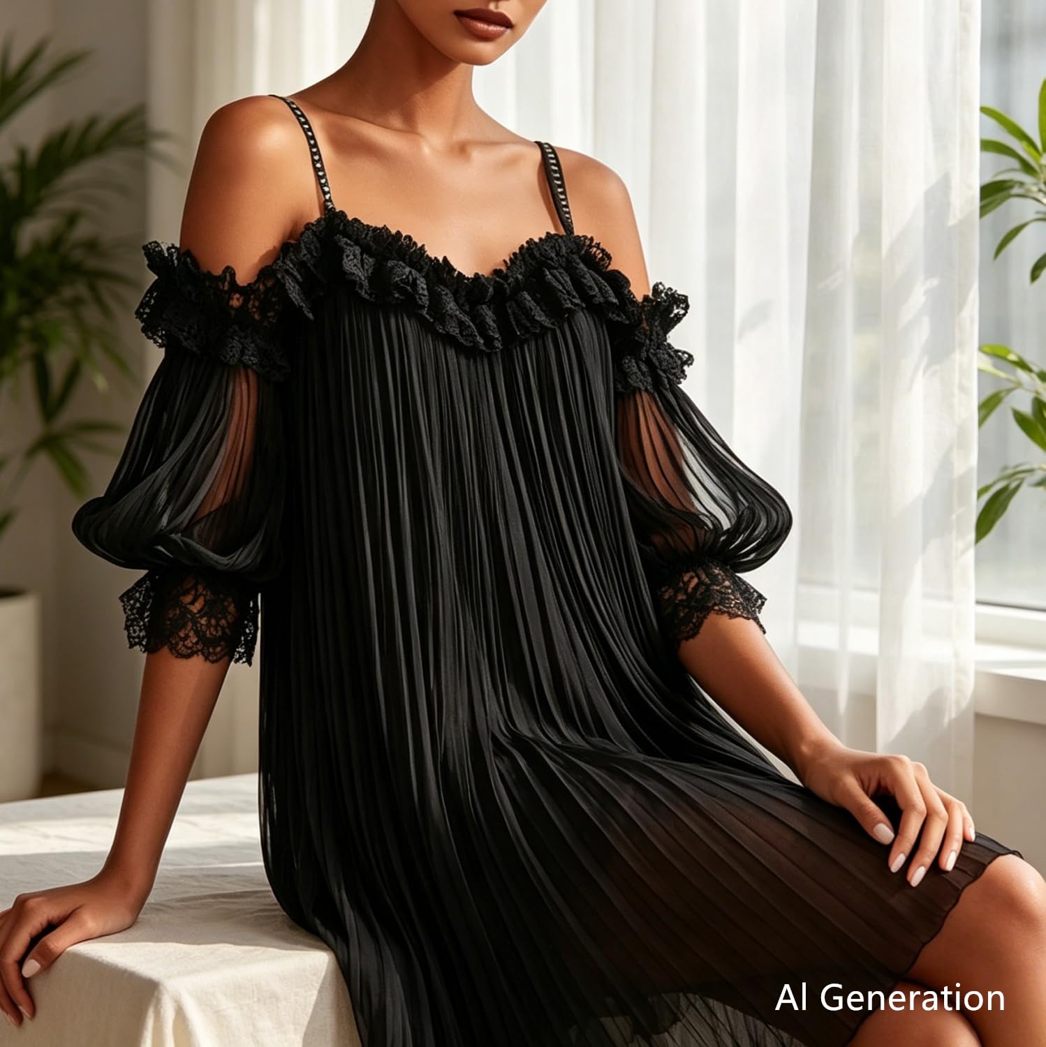 Minivestido negro de gasa con hombros descubiertos y ribete de encaje | Vestido de fiesta transparente con tirantes finos