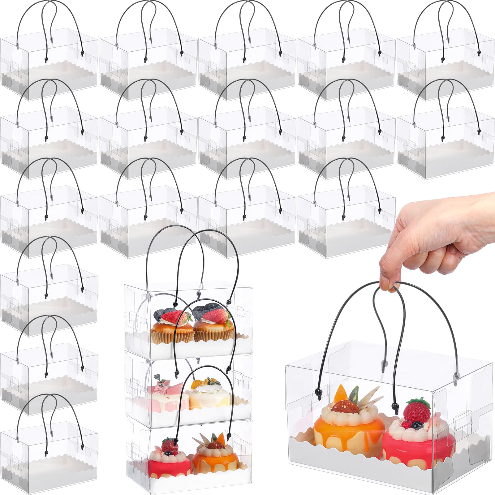 Thenshop Lot de 20 boîtes à cupcakes rectangulaires en plastique transparent avec poignées pour pâtisserie, biscuits, bonbons, gâteaux, friandises, desserts, cadeaux pour cupcakes (16,5 x 10,9 x 10,2