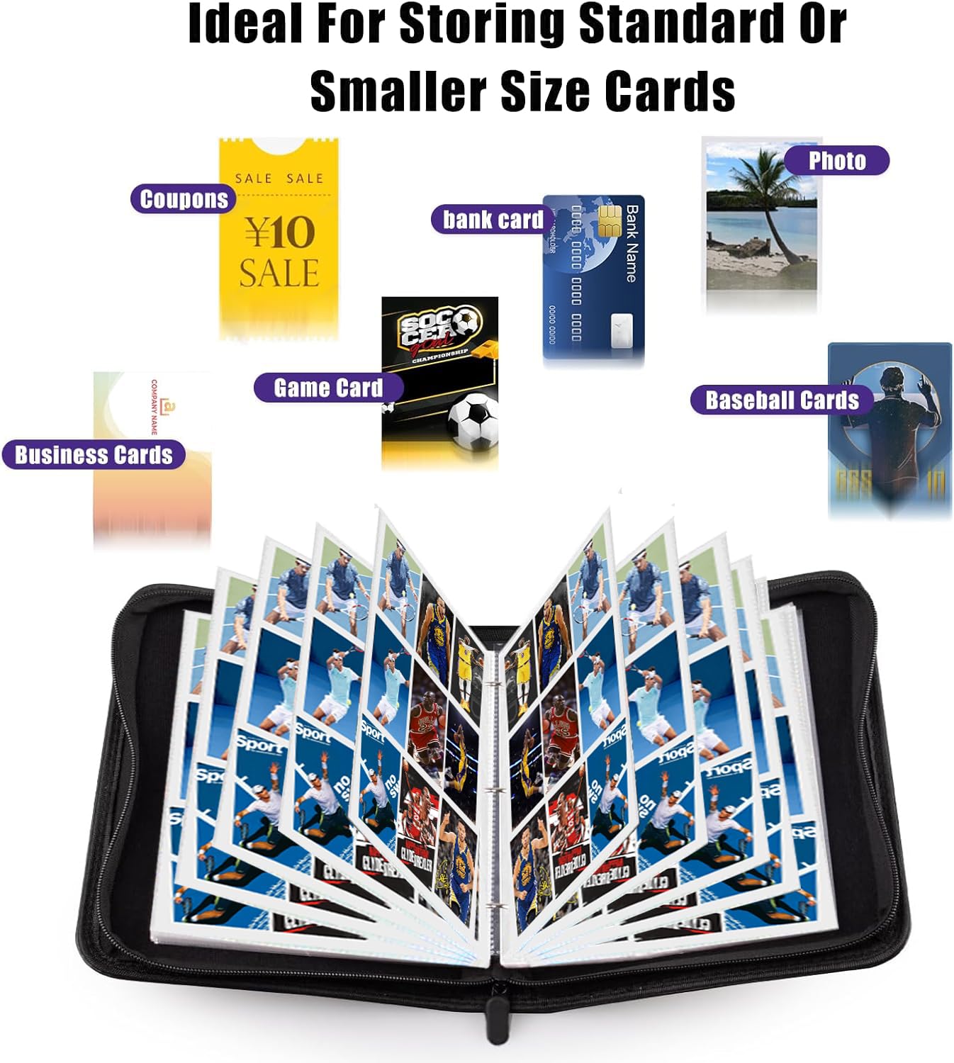 Carpeta de tarjetas coleccionables con 1080 bolsillos con cremallera, 60 páginas extraíbles de 9 bolsillos para tarjetas deportivas (fútbol, béisbol, baloncesto, fútbol), TCG y tarjetas de juego