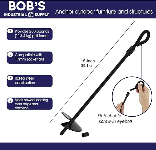 Miniatura 4 de BISupply Anclajes de tierra, 15 pulgadas, paquete de 4 unidades, juego de anclaje de cobertizo negro, estacas de amarre de invernadero con perno