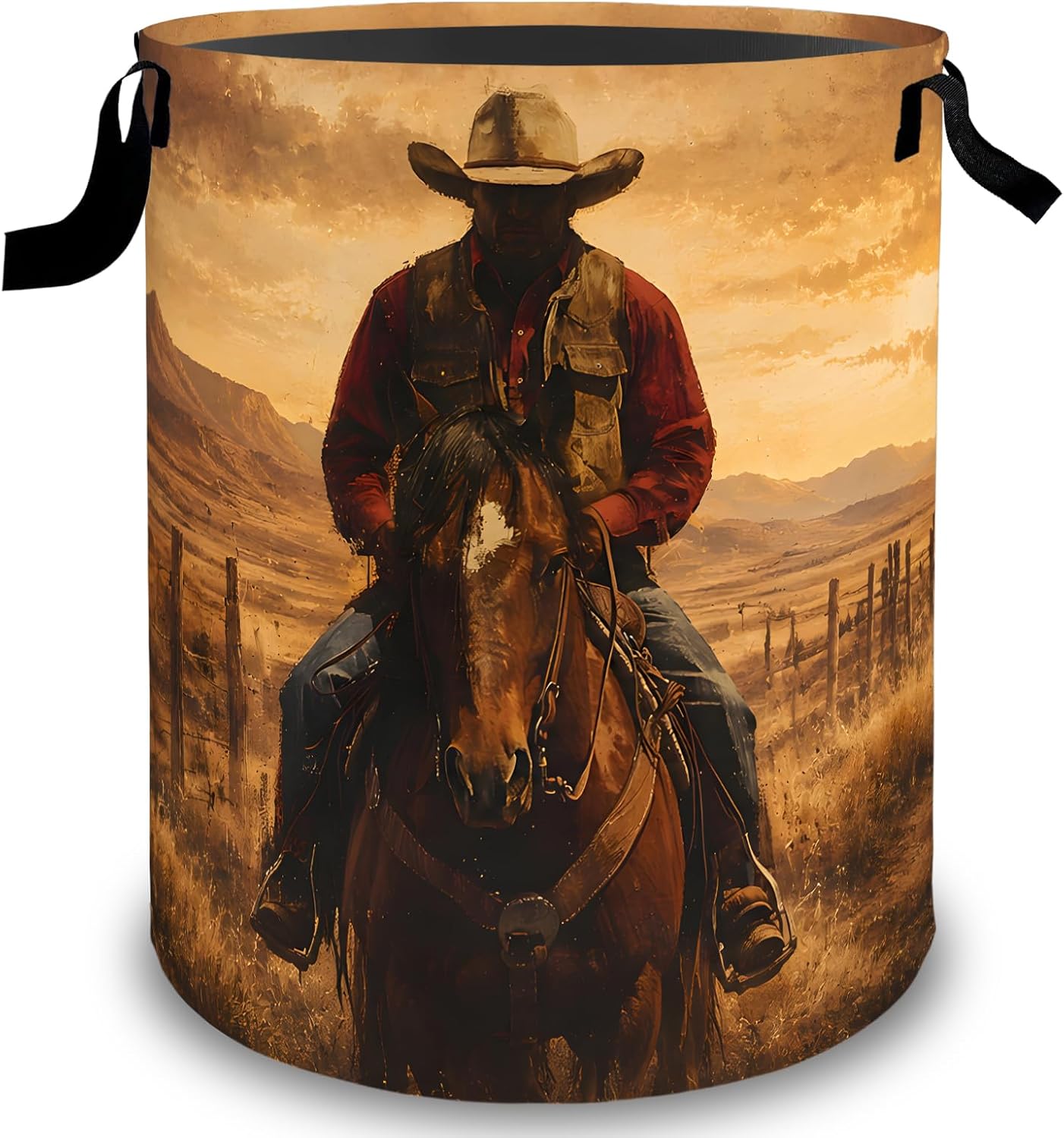 Western Cowboy Laundry Basket Hamper, Organizer Bins Gifts for Women Kids, Horse Ranch Foldable Waterproof Clothes Hamper Handles Storage Bucket for Bedroom Bathroom Room Decor 19.7"x15.7"