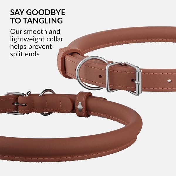 Close-up of the CollarDirect rolled leather collar showing the soft texture and rounded edges.