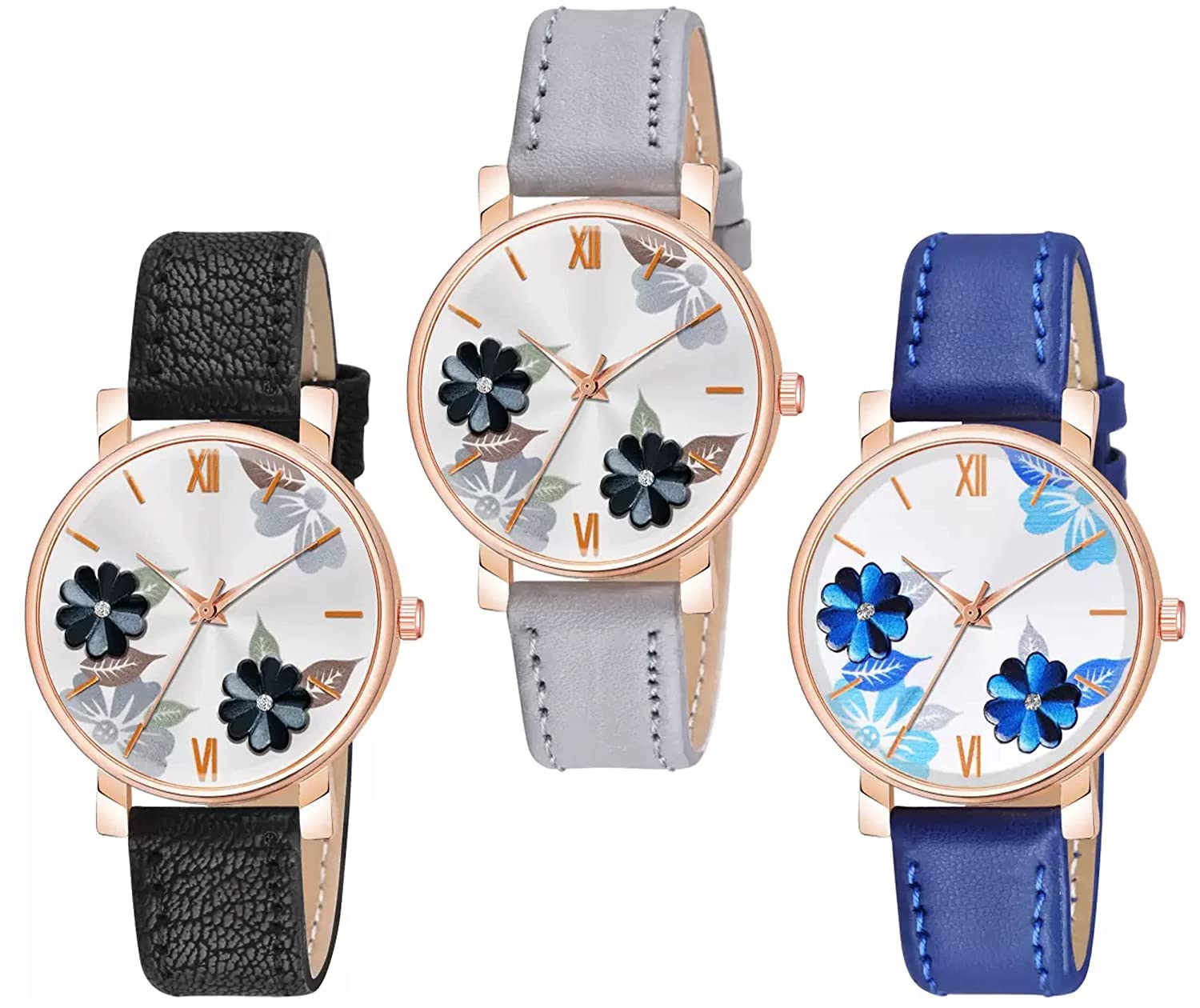 KIROH Analogue Flowered Dial Designer Leather Strap Watch for Girls and Women Pack of 1,2 and 3 Combo Womens and Girls Watches (Black-Blue-Brown) (B0B47V37DS) Amazon Price History, Amazon Price Tracker