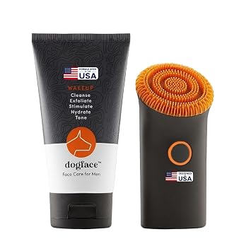 dogface Essentials Kit Plus - Technobrush Face Scrubber & Mens Cleanser | Red Light Photomotion Brush with 5-in-1 Cleanser for Deep Cleansing & Gentle Exfoliation to Hydrate, Tone, Soften Skin