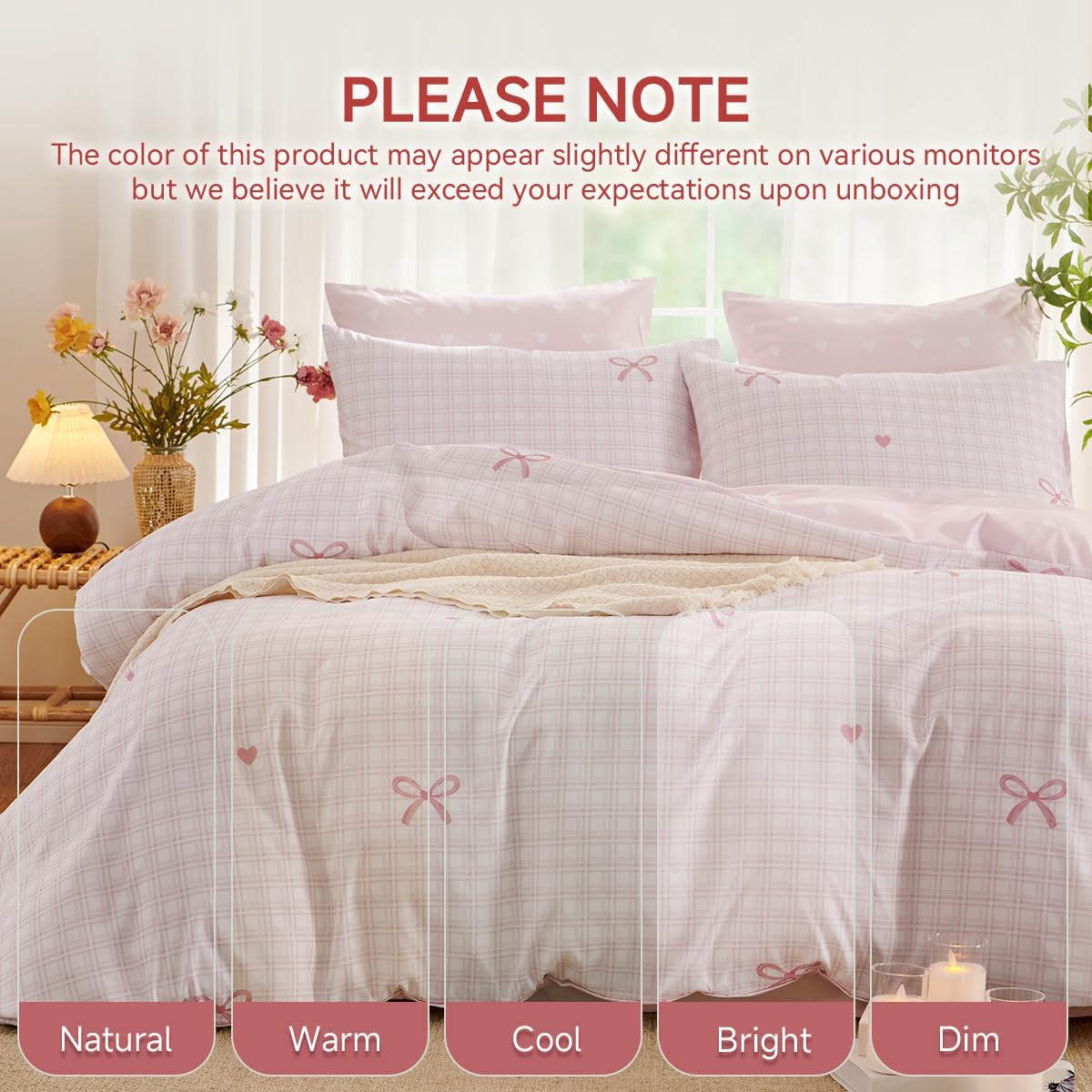 Gingham Comforter Set Twin Size,2 Pieces Pink Plaid Bow Ties Comforter Bedding Sets Reversible Pattern for Girls Kids,Cozy Breathable Microfiber Comforter and 1 Pillowcase - Image 6
