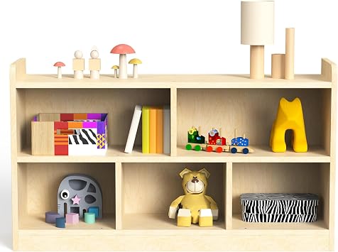 bbgroundgrm Birch Plywood Wood Montessori Shelf - 5-Section Storage Cabinet, 2-Shelf Organizer for Kids, Ideal for Classrooms, Playrooms, Daycares, and Preschools