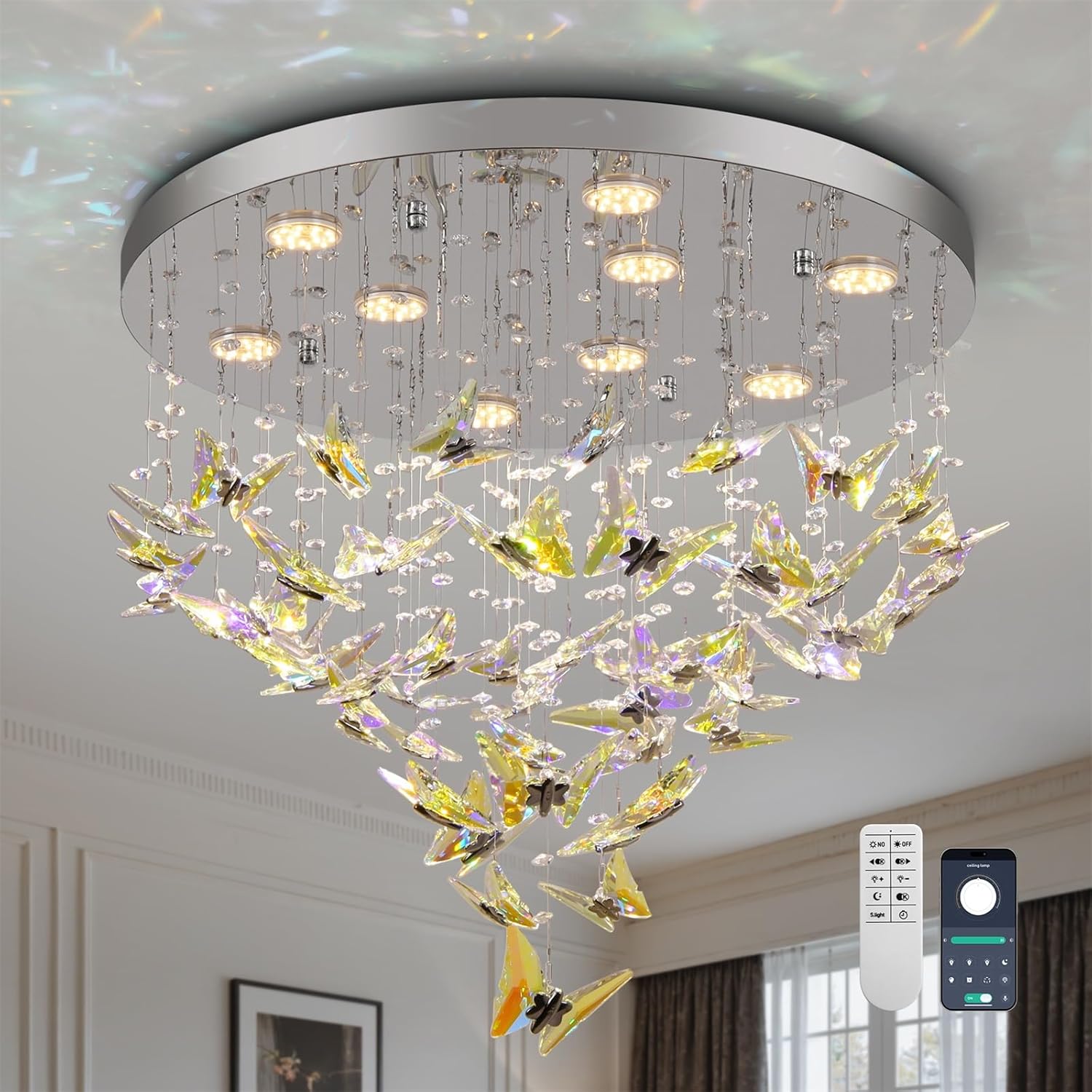 Modern Crystal Chandelier, 24 inch Flush Mount Crystal Ceiling Light with Remote and APP Control, 3CCT Dimmable, Elegant Butterfly LED Chandeliers for Bedroom Dining Room Living Room Foyer Entryway
