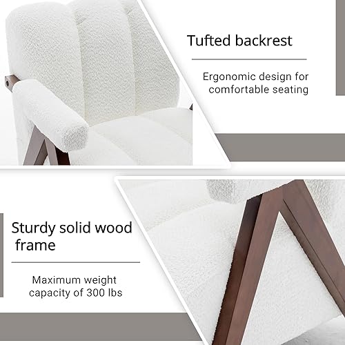 Miniatura 3 de Silla decorativa moderna de mediados de siglo con marco de madera maciza, sillas tapizadas Boucle para sala de estar con cojín grueso, cómoda silla