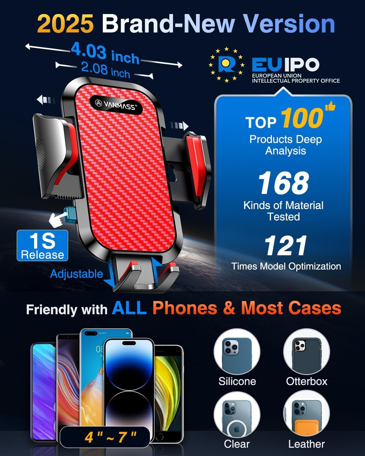 VANMASS Phone Holders for Your Car Ultimate Phone Mount Military-Grade Windshield Dashboard Vent【Newest Best Strongest】 Cell Phone Car Mount for iPhone 17 Pro Max 16 15 Samsung Android,Carbon Black: Red