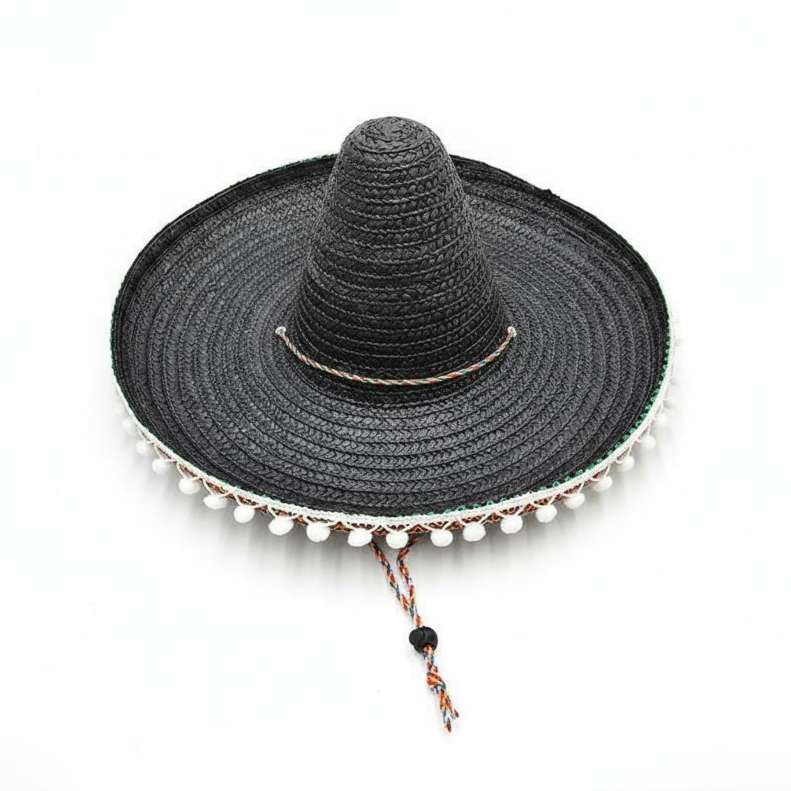 kowaku Mexican Hat Straw Sombreros with Attached White Pom Poms, Black