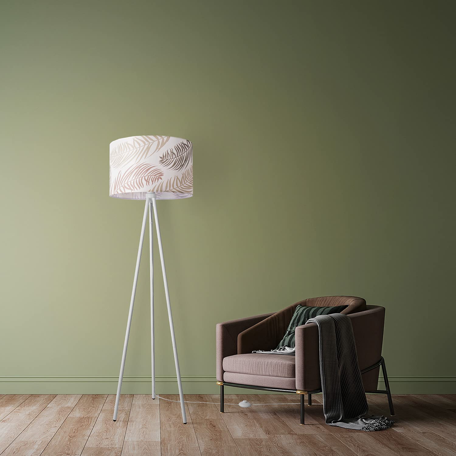 Paco Home Stehlampe Leselampe Wohnzimmer Deko Büro Dreibein Lampenschirm Rund Stoff Lampe Blumen Muster Jungle E27, Farbe:Design 1 (Ø45,5 cm), Leuchtenart/Farbe:Stehleuchte Dreinbein - Weiß