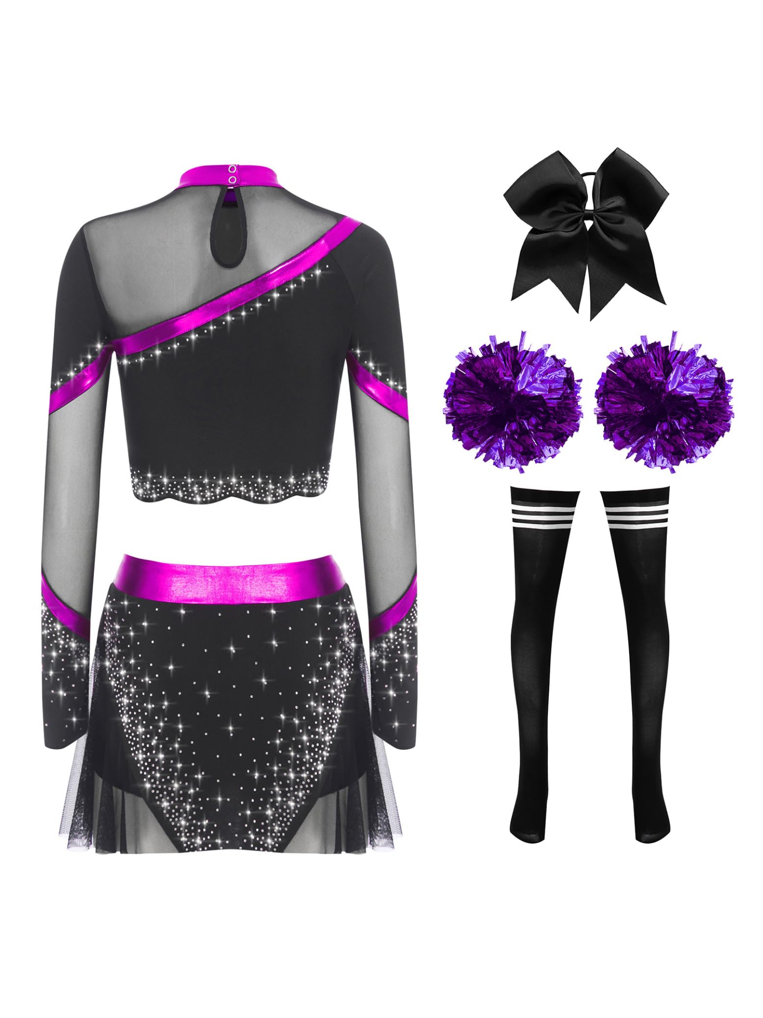Cheer Leader Kostüm Damen Langarm Crop Top Minirock Mit Pompoms/harrband/SockenKarneval Halloween Cheerleading Outfit Lila XXL