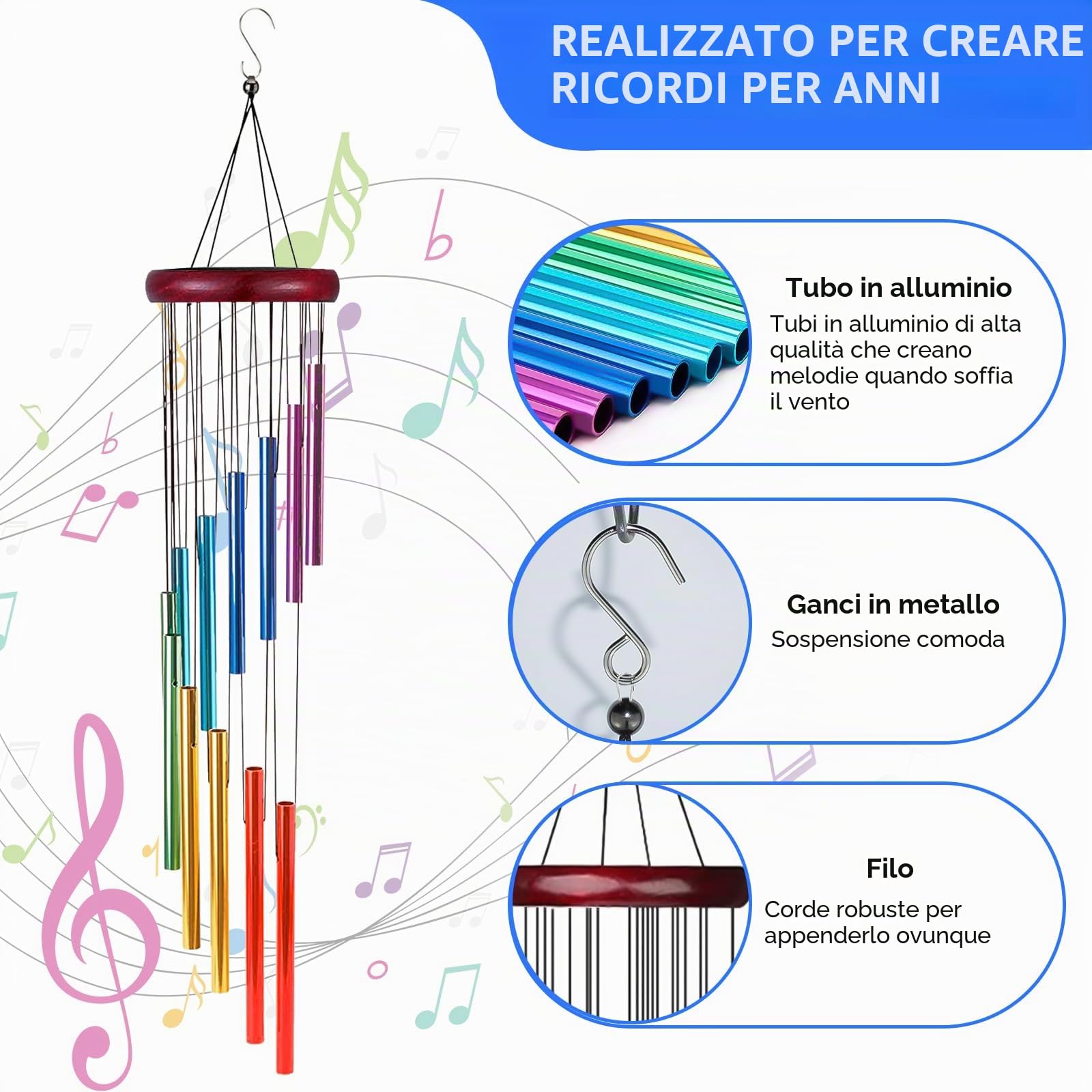 2 Pezzi Campanelli Eolici, Scacciapensieri da Esterno con 12 Tubi in Alluminio, Scacciapensieri da Appendere, Adatto per Giardino, Balcone, Cortile, Decorazione Domestica