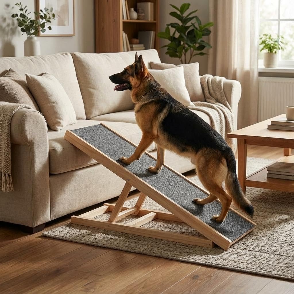 Dog Ramp for High Beds, Couches & Cars – Adjustable Foldable Pet Stairs, Lightweight Wooden Ladder with Anti-Slip Surface, Holds 110lbs, Space-Saving for Small/Medium Dogs
