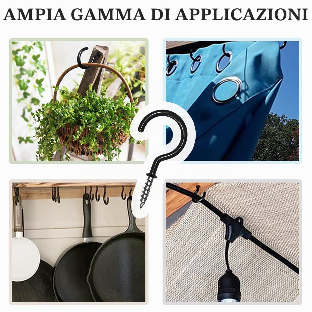 16 Pezzi Ganci a Tazza - Nero Ganci per Soffitto in Metallo Gancio a Vite Rivestito in Plastica Ganci Avvitabili Ganci per Appendere Tazza Piante Luci - 2.9 Inch