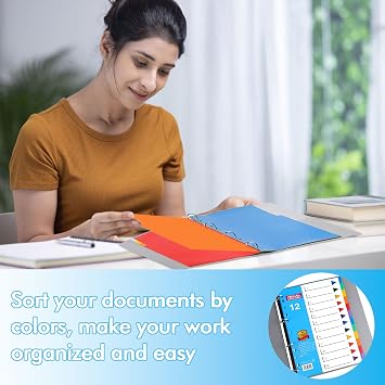 File Dividers A4, 12 Part Folder Dividers, 3 Pack Pre-Punched Leverl Arch Folder in Assorted Colours, Plastic Binder Dividers (Color tabs)
