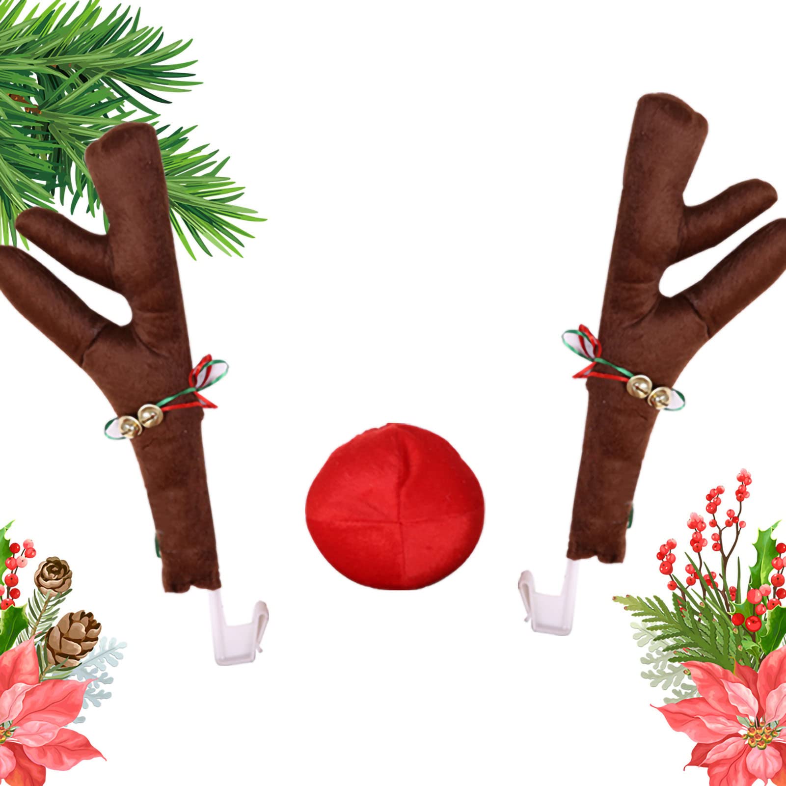 Tyenaza Car Reindeer Antlers Nose Set, Christmas Car Decorations with Reindeer Antler, Xmas Jingle Bells & Nose for Window Top and Front Grille (Brown)