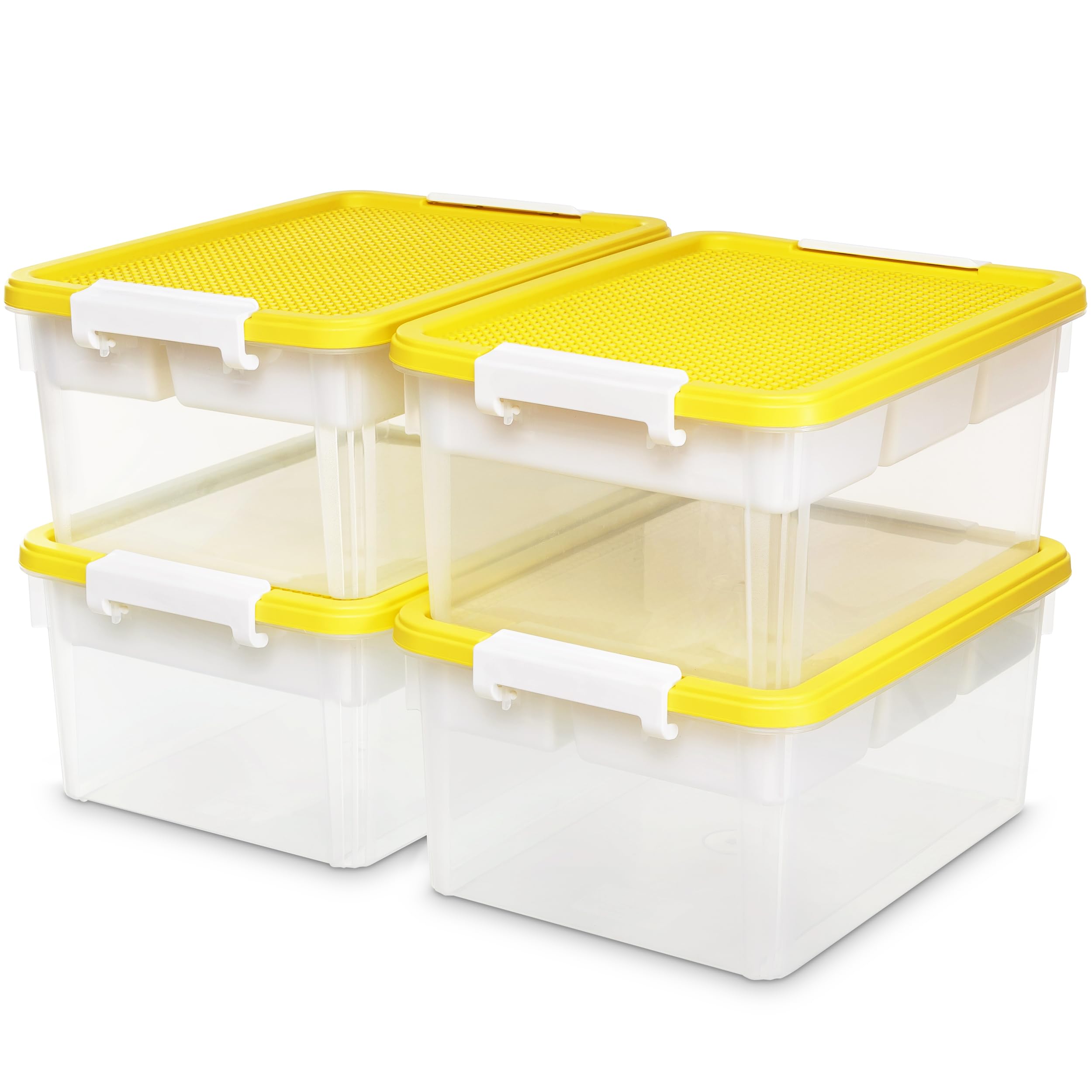 Citylife Juego de 4 cajas de almacenamiento con tapa, amarillo, plástico de 16 l con tapa de placa de construcción y bandeja extraíble, organizador para manualidades, caja transparente para organizar