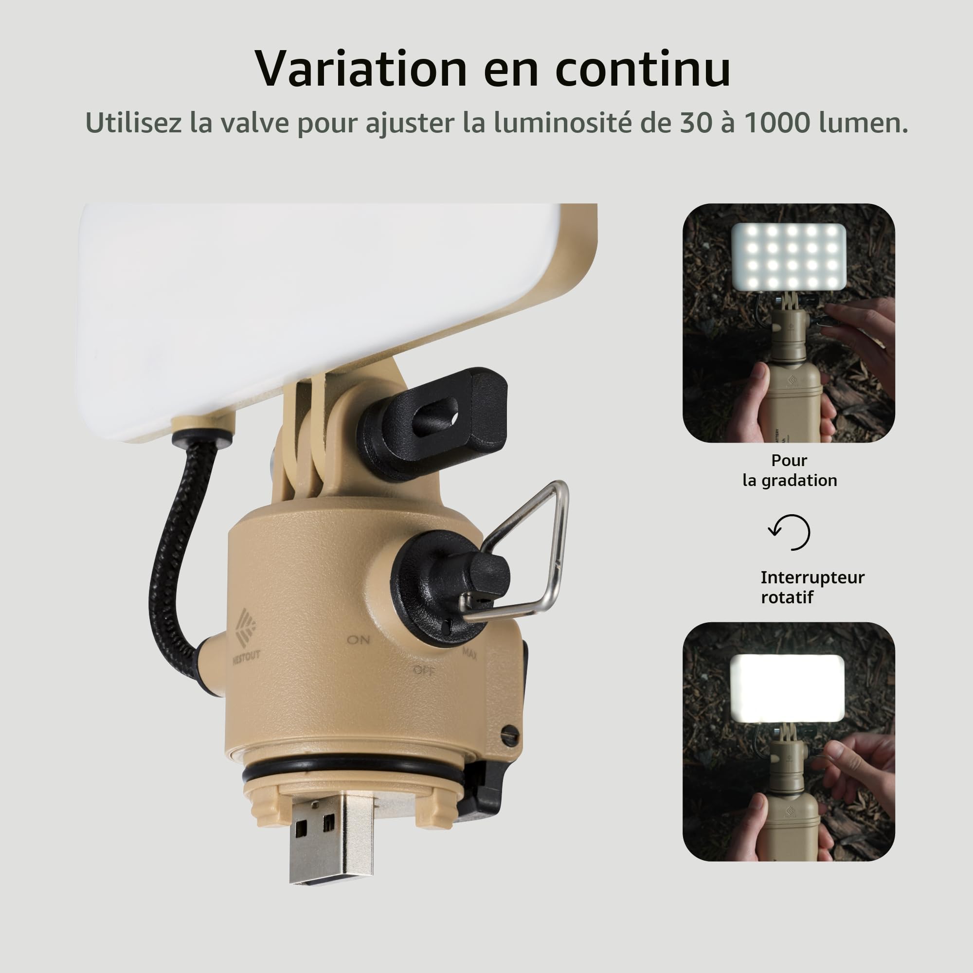 ELECOM NESTOUT Outdoor Camping LED Panel Flashlight w/ Mini Tripod, Dimmable USB Powered LED Light, IP44 Water Dust Resistant, 30-1000 Lumen, Portable Lantern for NESTOUT Power Bank, Beige (FLASH-1)
