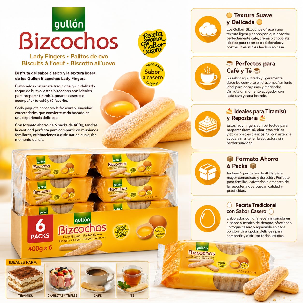 Gullón Bizcochos Lady Fingers 400g x 6 Packs | Bizcochos Tradicionales con Huevo | Perfectos para Tiramisú, Postres y Café