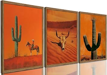 Framed Western Cowboy Canvas Wall Art Set of 3, Vintage Desert Cactus Pictures Wall Decor, Longhorn Bull Skull Paintings Prints Southwestern Home Decor for Living Room Bedroom 12x16 inch