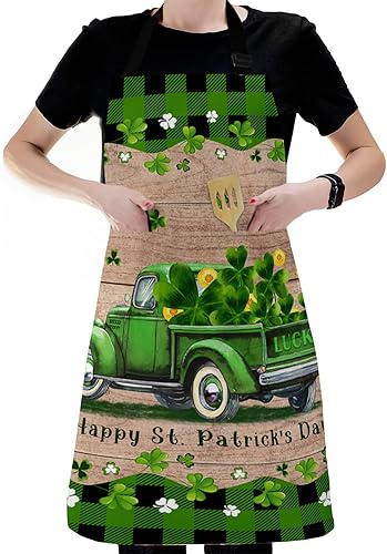 Miniatura 6 de LEOKOTI St Patricks Day Truck Aprons for Women Men with 2 Pockets Green Black Checkered Lucky Clover Gold on Wood Waterproof Kitchen Aprons