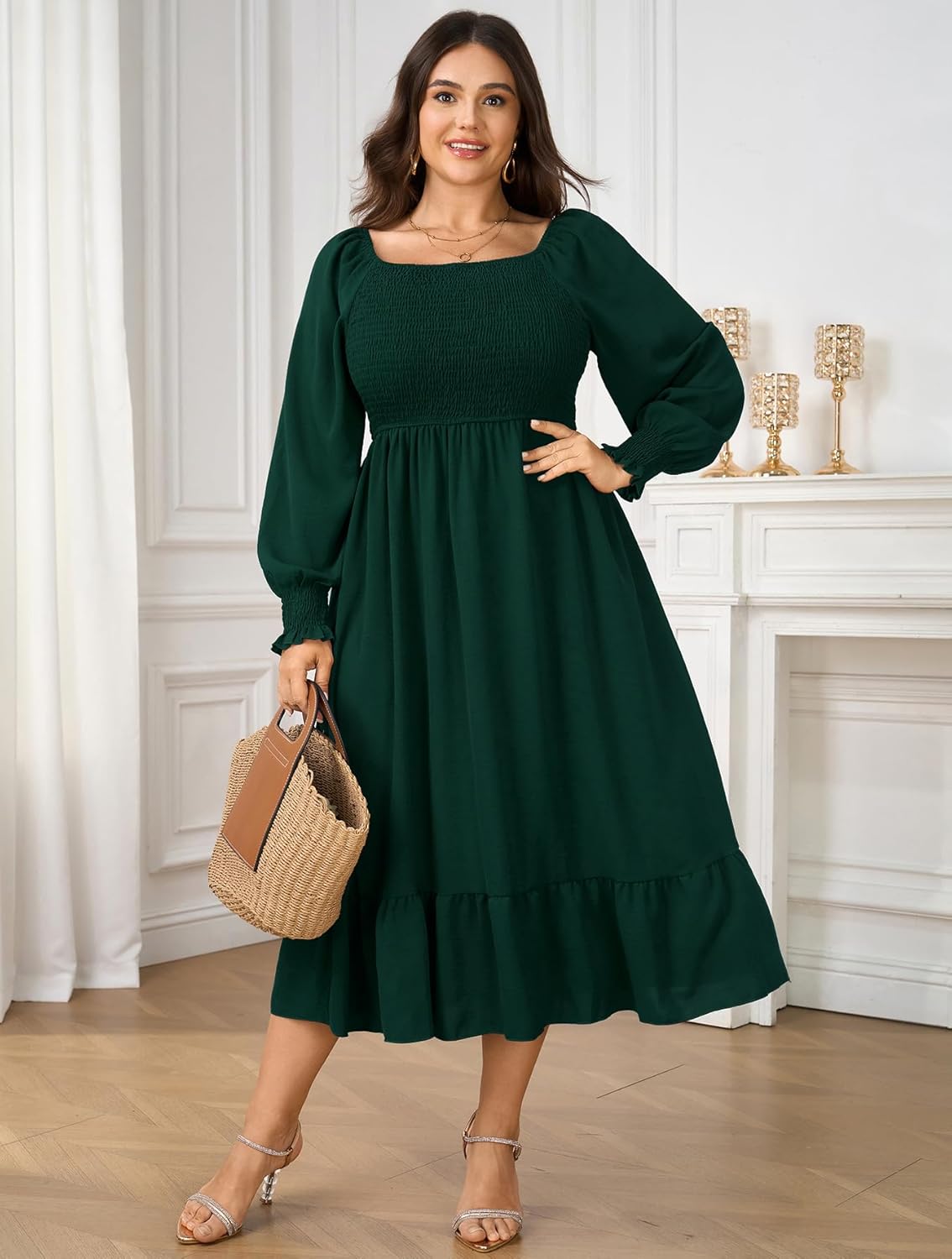SCOMCHIC Women's Plus Size Maxi Dress Long Sleeve Square Neck Dress Casual Smocked Ruffle Swing Flowy Long Fall Dresses - Image 2