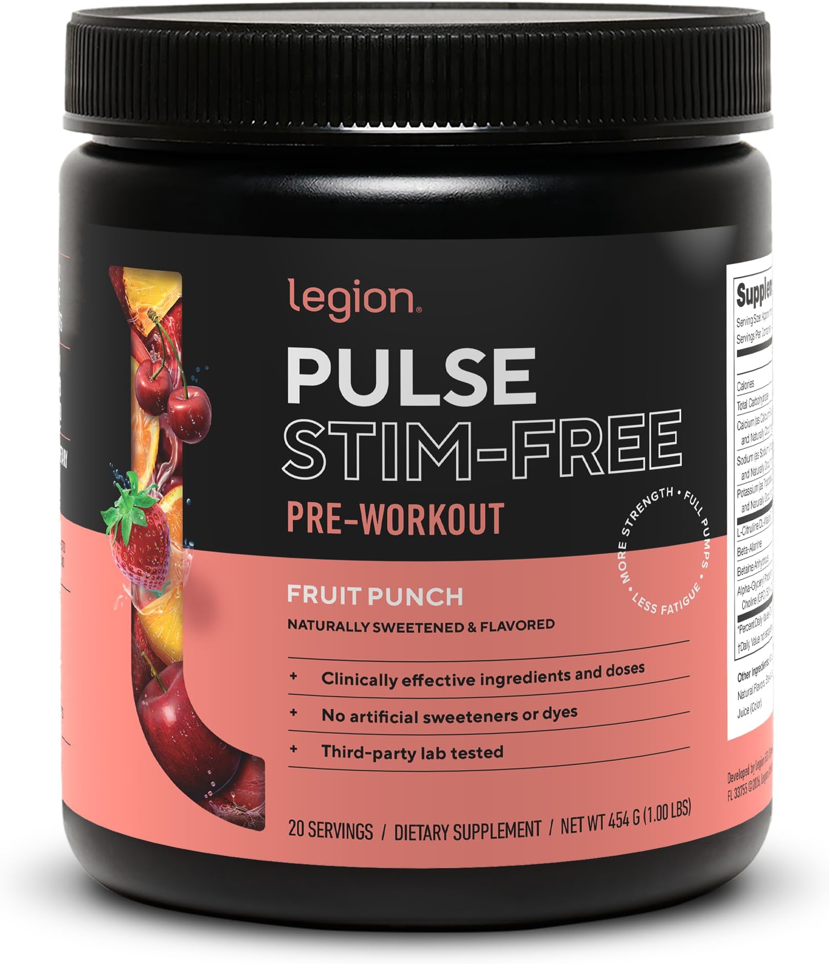 LEGION Pulse Pre Workout Supplement - All Natural Nitric Oxide Preworkout Drink to Boost Energy, Creatine Free, Naturally Sweetened, Beta Alanine, Citrulline, Alpha GPC (Caffeine Free Fruit Punch)