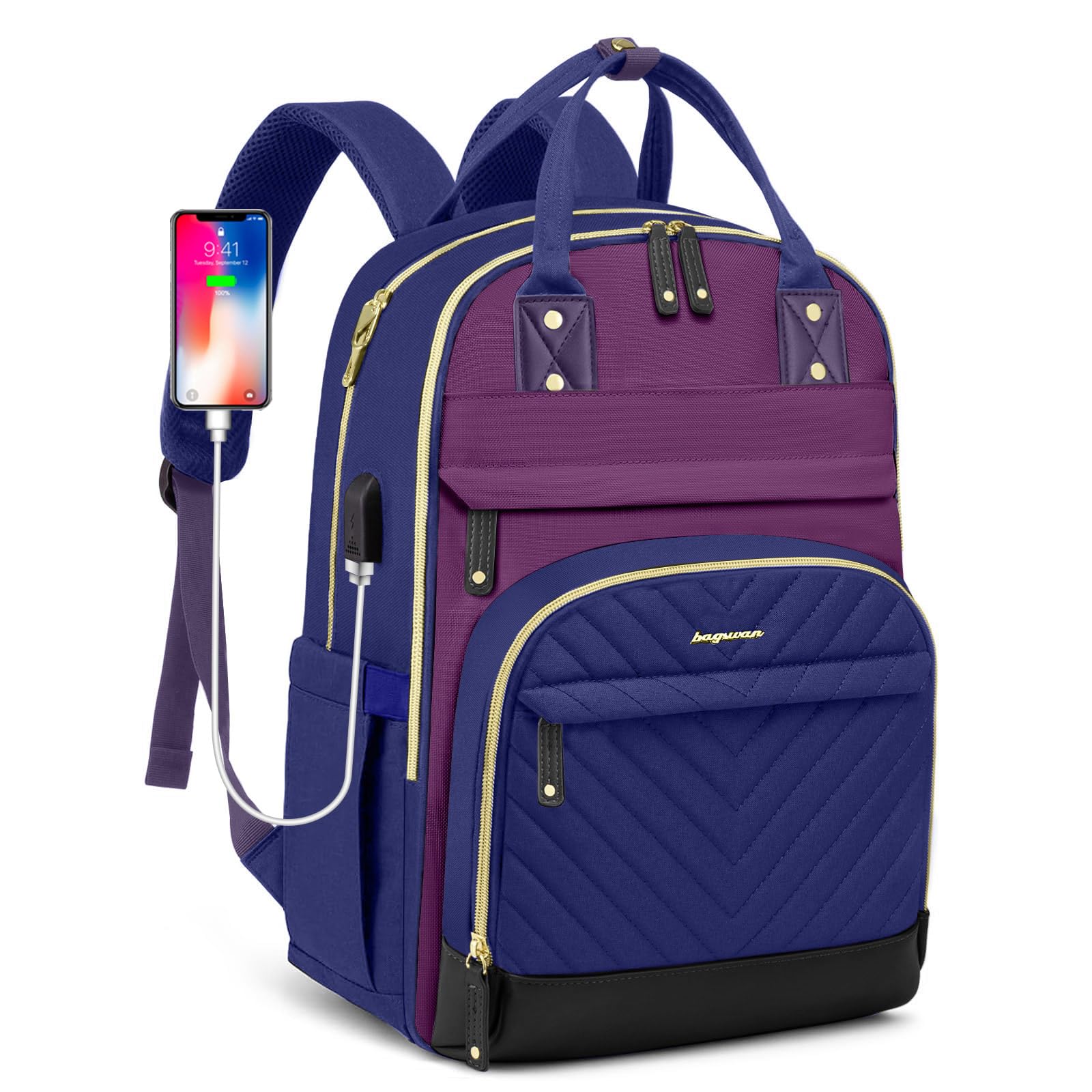 Laptop Backpack for Women Work Bag - 15.6 inch Travel Backpack Purse with USB Charger College Bookbag Waterproof Cute Casual Daypack Fashion Business Computer Backpacks for Teacher Nurse Purple Blue 33-purple Blue 15.6 Inch