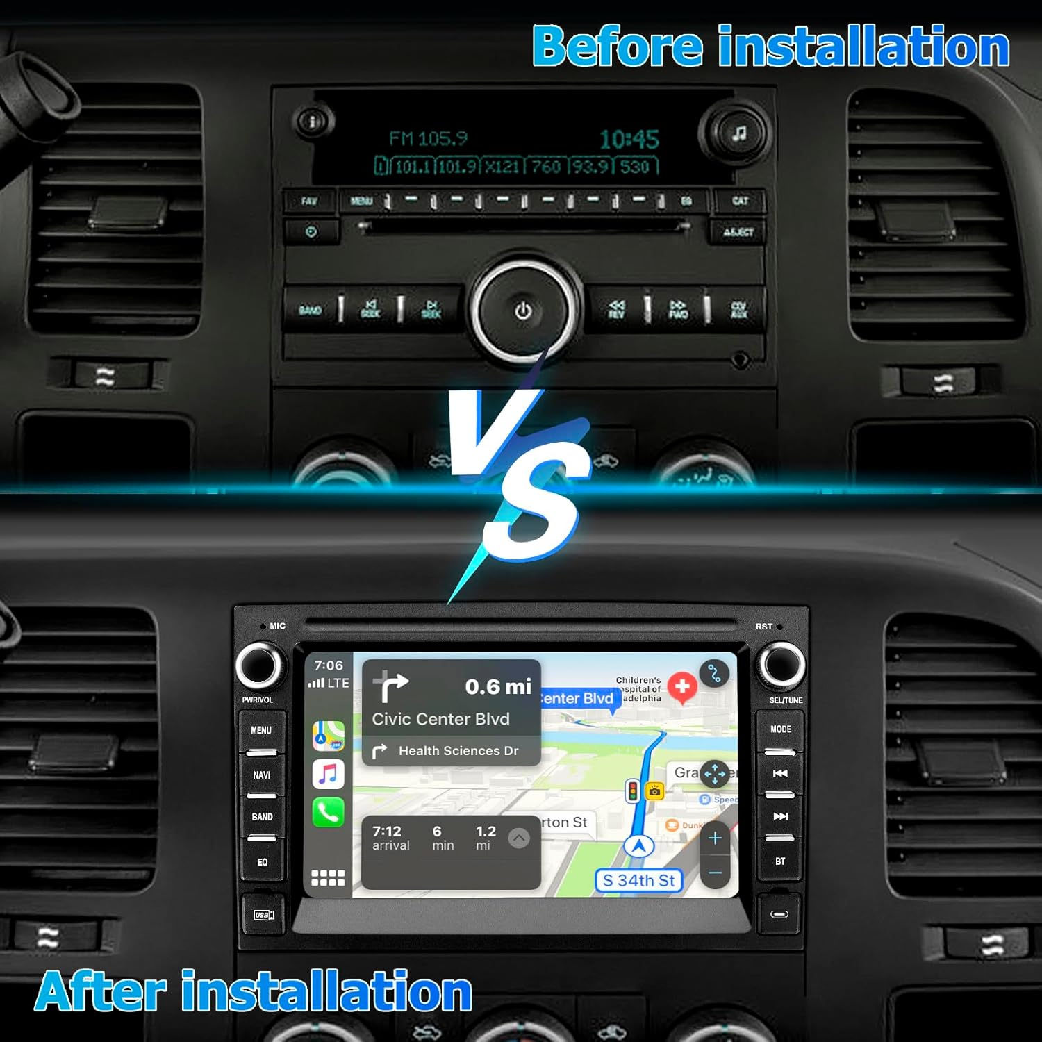Image showing a comparison of a car dashboard before and after installing the KOBANOICA car radio stereo, highlighting the visual upgrade.