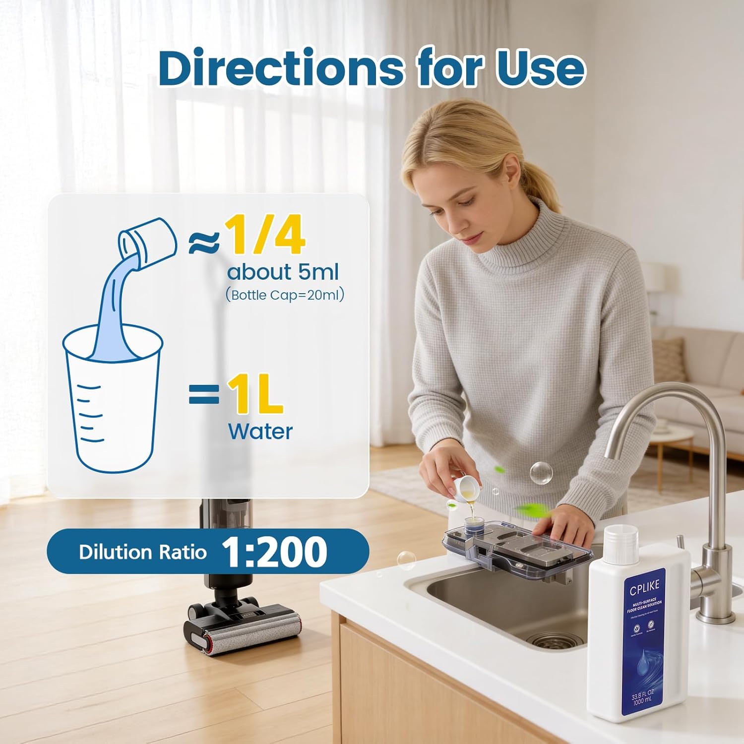 CPLIKE Floor Cleaning Solution Compatible with Dreame All Wet Dry Vacuum Cleaners & Robot Vacuums, Multi-Surface Floor Cleaner for Dreame Vacuum and Mop, 33.8 fl oz